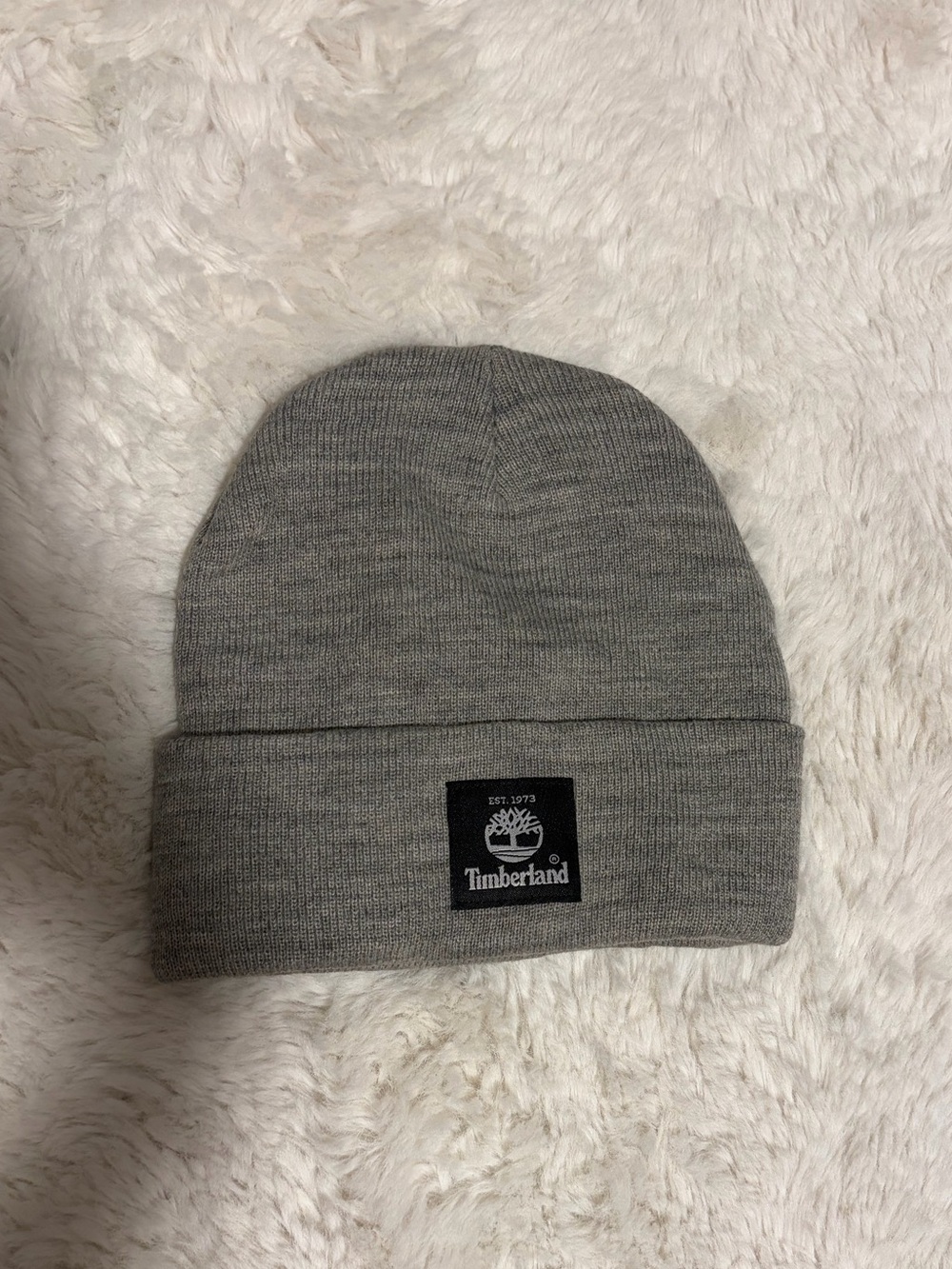 Timberland Gray Fold-Over Knit Beanie with Logo Patch